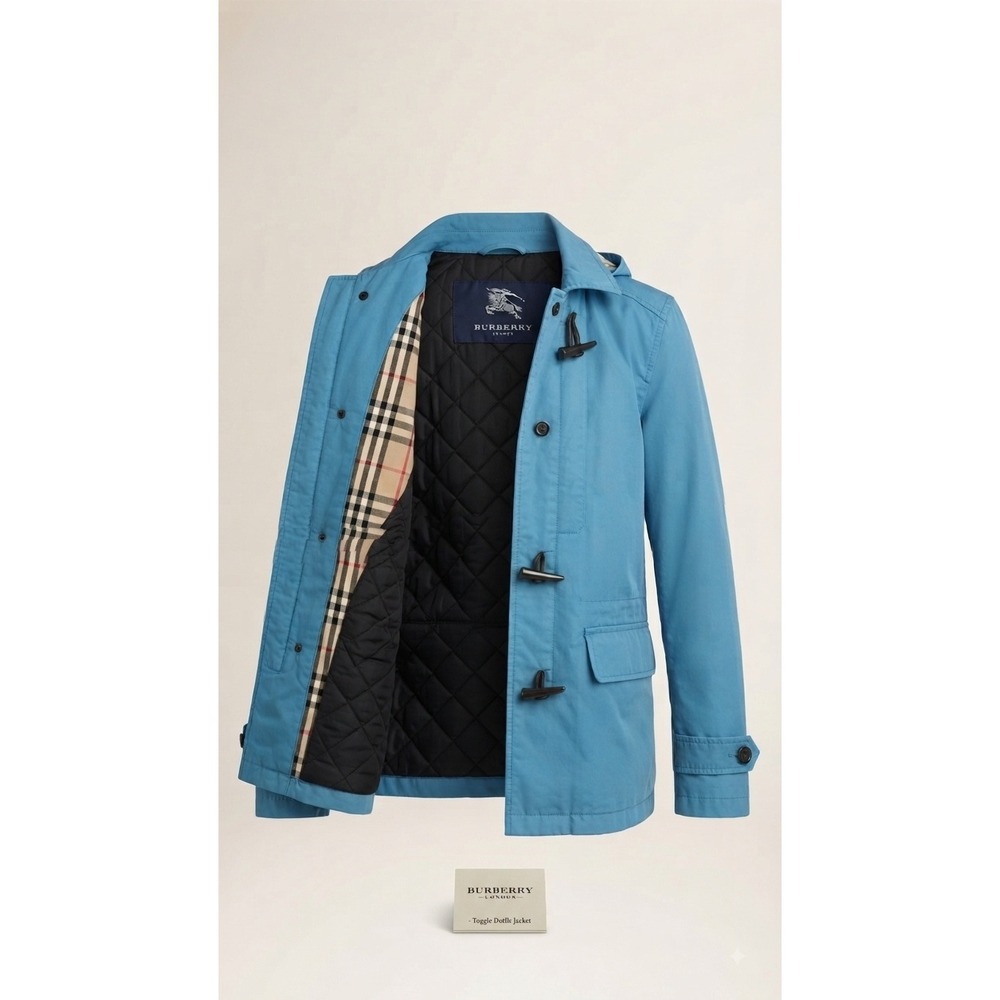 Burberry Toggle Coat Women 12 Blue Hooded Wool Liner Jacket Classic Luxury
